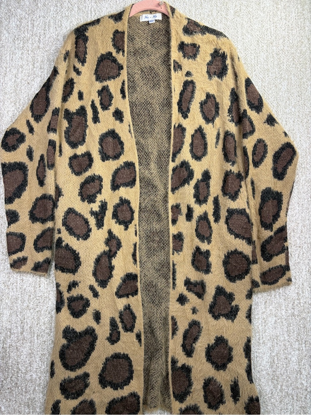 She + Sky Leopard Open-Front Long Cardigan - Camel, Brown, Black